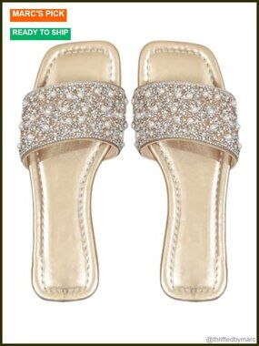 Rhinestone Pearl Slide Sandals - Comfortable Flat Dressy Sandals for Women
